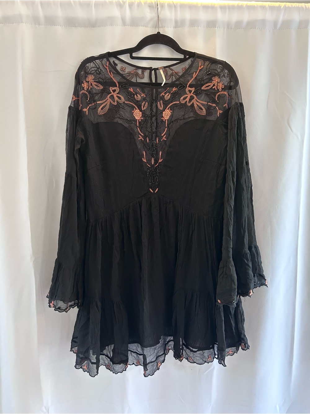 Free People Black Long-Sleeve Embroidered Mesh Boho Yoke Dress